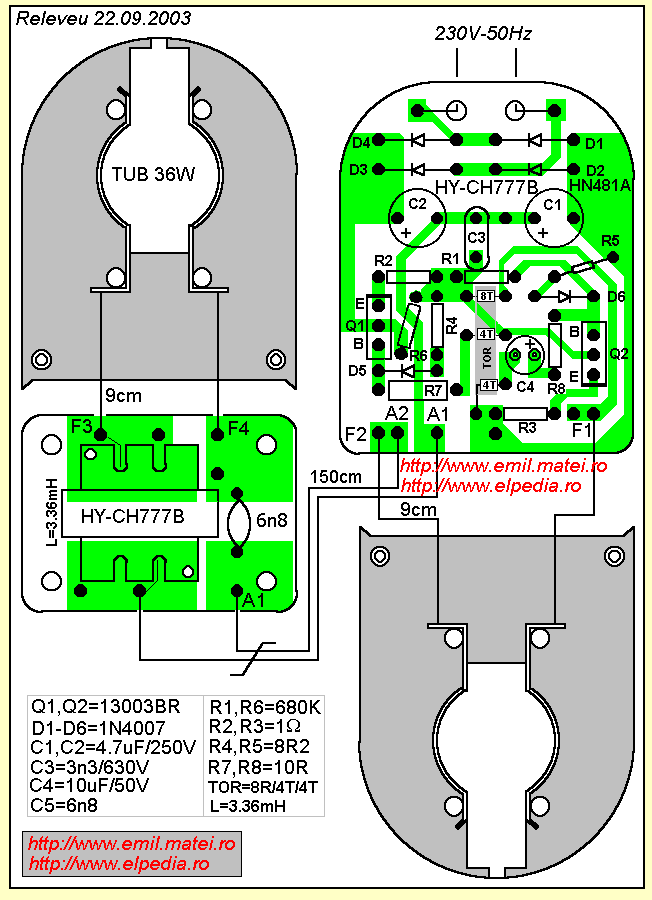 PCB si conexiuni balast electronic pentru lampi fluorescente de 36W