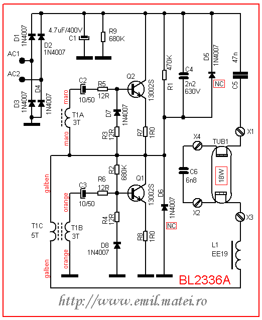 Schema electrica balast electronic pentru lampi fluorescente de 18W Schema electrica balast electronic pentru lampi fluorescente de 18W