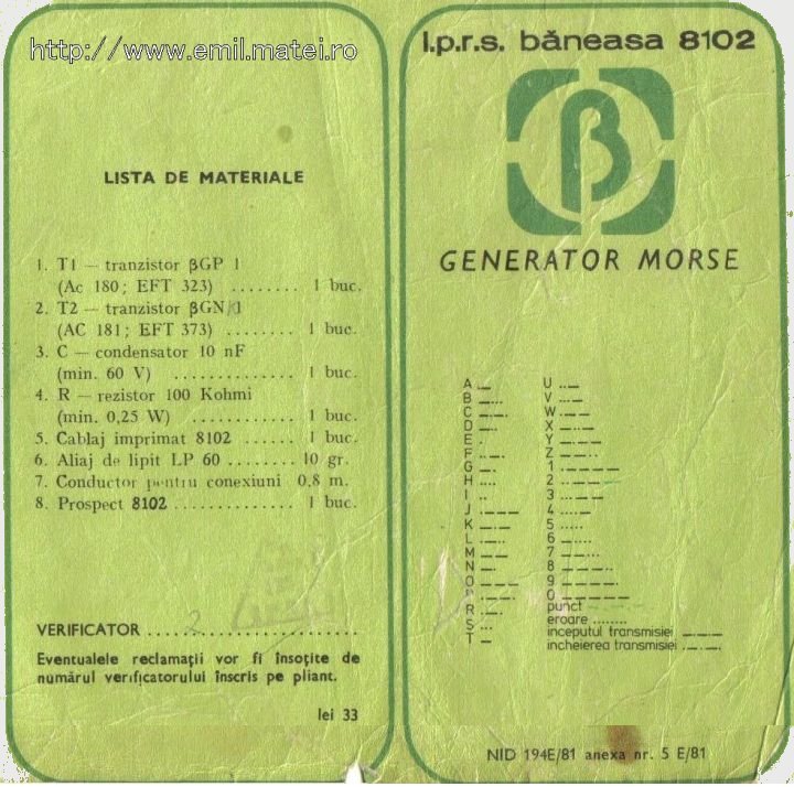 Kit 8102 - Generator Morse - Lista de materiale Kit 8102 - Generator Morse - Lista de materiale