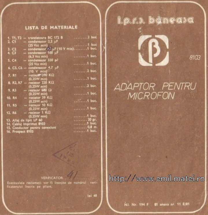 Kit 8103 - Adaptor pentru microfon - Lista de materiale Kit 8103 - Adaptor pentru microfon - Lista de materiale