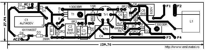 PCB - Balast electronic pentru lampi fluorescente de 20W