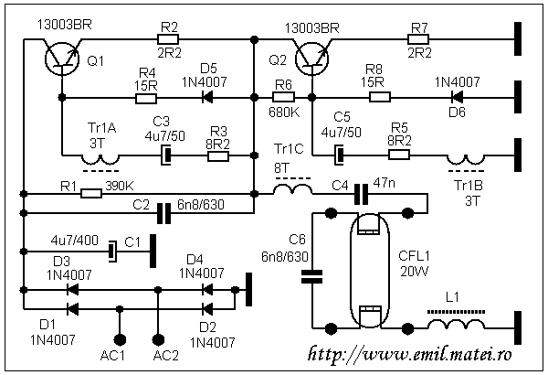 Schema electrica balast electronic pentru lampi fluorescente de 20W