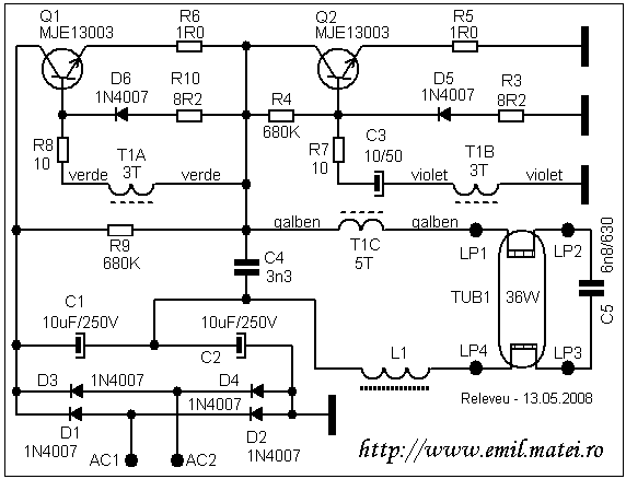 Schema electrica balast electronic pentru lampi fluorescente de 36W