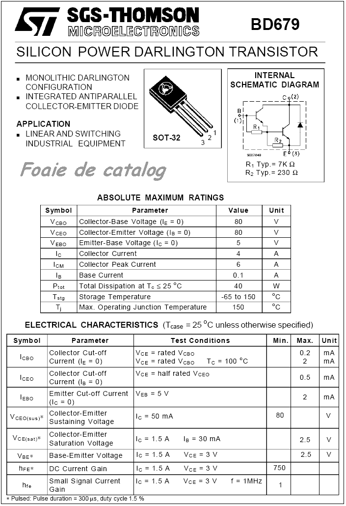 Foaie de catalog tranzistor BD679 Foaie de catalog tranzistor BD679