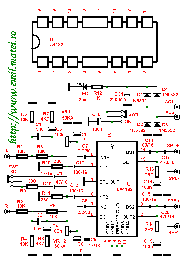 Schema electrica amplificator stereo cu LA4192 Schema electrica amplificator stereo cu LA4192