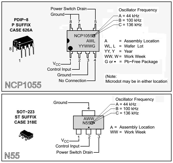 Pinout si marcare circuite NCP1055 si N55 Pinout si marcare circuite NCP1055 si N55