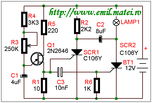 schema electrica astabil cu tiristoare (SCR astable) schema electrica astabil cu tiristoare (SCR astable)