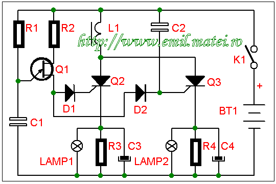 schema electrica astabil cu tiristoare (SCR astable) schema electrica astabil cu tiristoare (SCR astable)