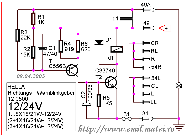 Schema electrica releu semnalizare directie 12V/24V schema electrica releu semnalizare directie 12V/24V