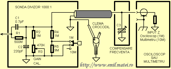 Schema electrica a sondei de inalta tensiune HP 1137A (HP 1137A High Voltage 1000:1 Divider Probe Schematic) Schema electrica a sondei de inalta tensiune HP 1137A (HP 1137A High Voltage 1000:1 Divider Probe Schematic)