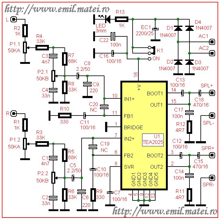Schema electrica amplificator stereo cu TEA2025