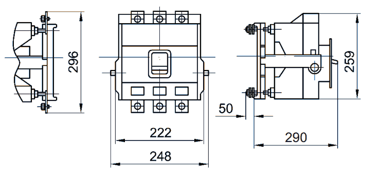 Intrerupator automat USOL 630, executie debrosabila cu borne legaturi fata sau spate (Automatic circuit breaker USOL 630, draw-out performance with front and rear terminals) Intrerupator automat USOL 630, executie debrosabila cu borne legaturi fata sau spate
(Automatic circuit breaker USOL 630, draw-out performance with front and rear terminals)