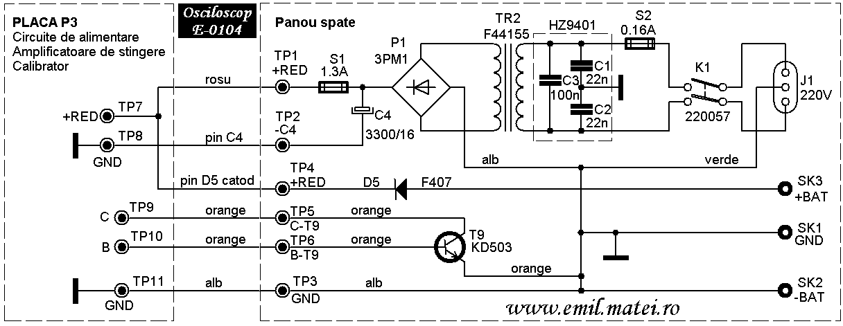 Osciloscop E0104 - Schema electrica panou spate si conexiuni la placa P3