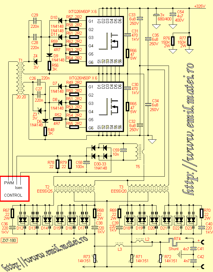 Schema invertor de sudare - topologie semipunte - etaje de putere cu MOSFET