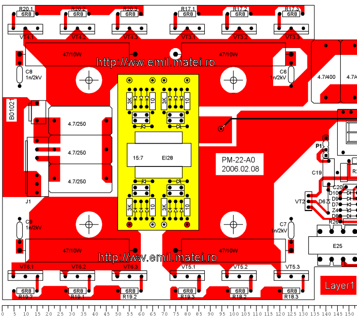 PCB (Layer1) invertor de sudare - topologie punte - etaje de putere cu MOSFET