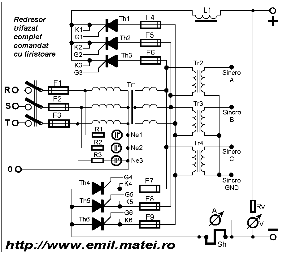 Redresor trifazat complet comandat cu tiristoare - Schema electrica a partii de forta