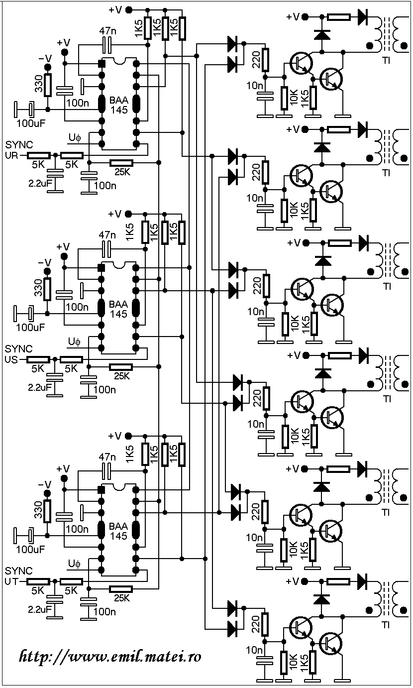 Schema practica de aplicatie cu circuitul UAA145 in redresoare trifazate (2)